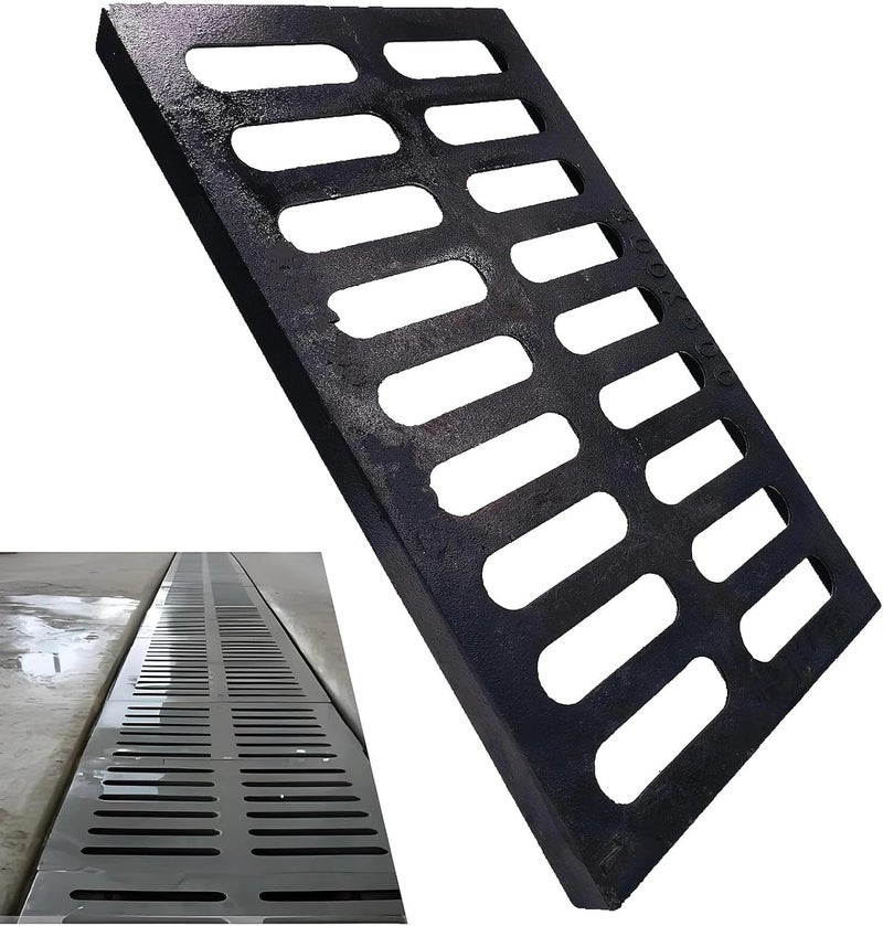 masslunt Cast Iron Drain Grate 20x12 in, B-Class 28100 lbs Heavy-Duty Driveway Channel Cover, Outdoor Trench Drainage Grate, Black Rectangle Metal Sewer Cover for Garage (True 19.7x11.8) - Image 1